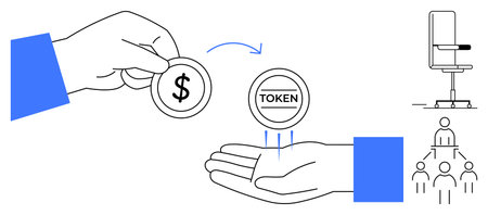Hands exchanging a dollar coin for a token with arrows, complemented by a chair and team hierarchy....