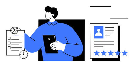 Person holding checklist and tablet while analyzing profile and 5-star rating. Ideal for...