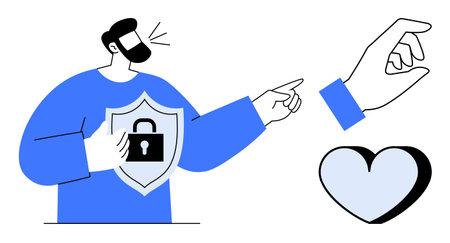 Man holding a shield with a lock, pointing towards a hand and heart. Ideal for security, protection,...