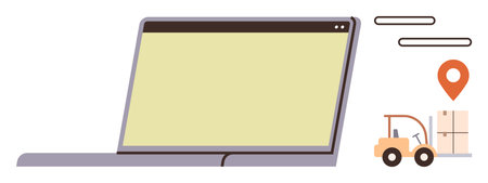 Open laptop with blank screen, forklift moving boxes, and location pin symbol. Ideal for logistics,...