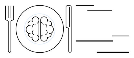 Brain placed on a plate with fork and knife, suggesting nourishment or cognitive focus. Ideal for...