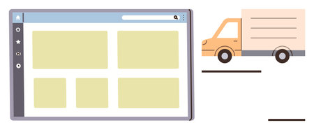 Browser window with grid layout and orange delivery truck moving in tandem. Ideal for logistics,...