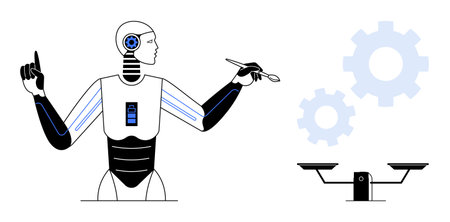 Humanoid robot holding a tool and gesturing, surrounded by gears and a scale. Ideal for AI,...