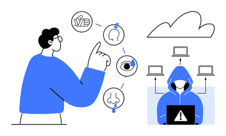 Person analyzing sensory cues with threat visualization, hoodie-clad hacker, cloud, and device...