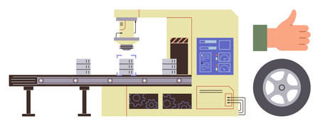 Conveyor transporting boxes through robotic machinery beside a hand showing approval and wheel icon....