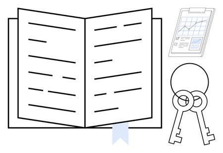 Open book with bookmark, two vintage keys, and clipboard highlighting a chart. Ideal for education, learning, security, knowledge, data analysis discovery and success themes. Clean flat metaphorのイラスト素材