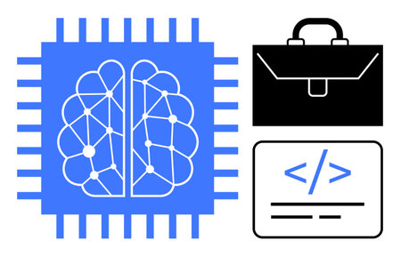 Brain within microchip signifies AI and neural networks, coding interface highlights software...