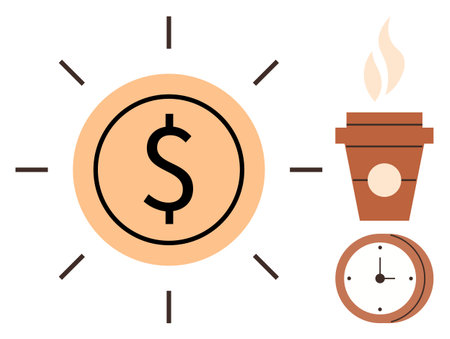 Large dollar sign surrounded by sun rays next to a steaming coffee cup and a clock. Ideal for finance, business, time management, productivity, savings, investment, work-life balance. Simple flatのイラスト素材