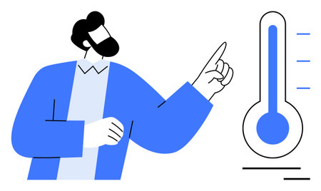 Man pointing at thermometer indicating temperature rise, representing concepts of climate change,...