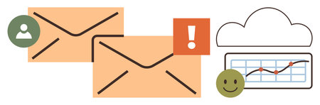 Envelopes, alert icon, user profile, cloud with graph displaying data trends, and happy. Ideal for...