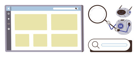 Robot analyzing webpage design with a magnifying glass beside a search bar icon. Ideal for search engine, artificial intelligence, web design, online research, navigation, information retrievalのイラスト素材