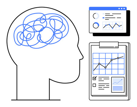 Head profile with tangled lines in the brain representing complex thinking near analytics dashboard...