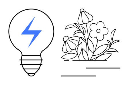 Light bulb with blue lightning and blooming flowers symbolizing sustainable energy, growth, and...
