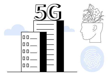 Buildings marked with 5G, fingerprint, and head growing flowers. Ideal for tech, innovation,...