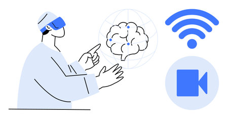 ARVR user interacting with digital brain, wireless symbol, and video camera. Ideal for technology,...
