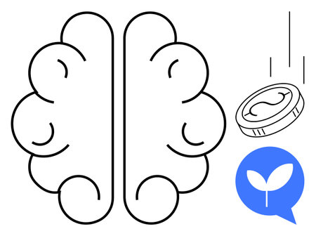 Brain sketch next to falling coin and leaf symbolizing growth, investment, planning, sustainability,...