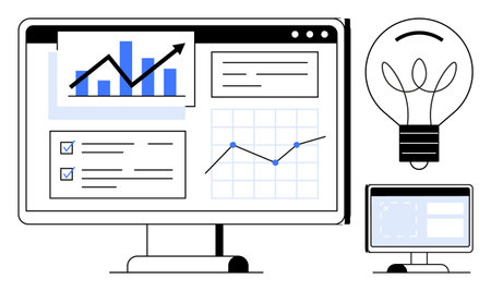 Desktop with growth charts, checklist, and data graphs alongside a light bulb and smaller screen....
