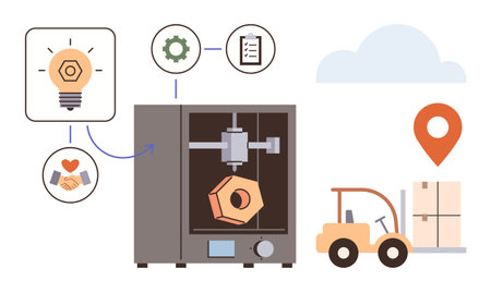 3D printer creating object, surrounded by idea, process, planning, and transport icons. Ideal for...