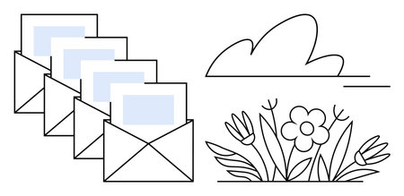 Stack of open envelopes containing messages beside blooming flowers and a cloud. Ideal for...