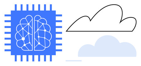 Neural network brain on a microchip beside stylized cloud elements. Ideal for AI, cloud storage, computing, machine learning, innovation, data analysis, cybersecurity. A simple flat metaphorのイラスト素材