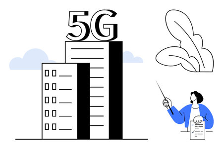 Modern skyscraper displaying 5G text, person pointing with a pointer, clouds, and decorative leaves....
