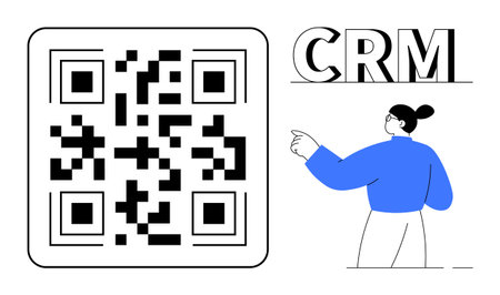 QR code beside bold CRM text and a figure in blue top pointing, representing technology, data...