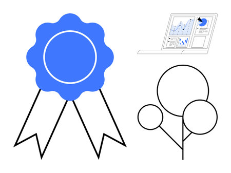 Blue ribbon symbolizing excellence, analytics dashboard highlighting performance metrics, and...
