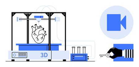 3D printer crafting human heart model, test tubes on table, video icon, robotic hand holding key....