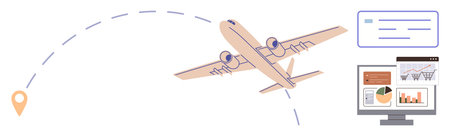 Airplane flying along dotted path heading to destination pin, paired with data analytics on a...