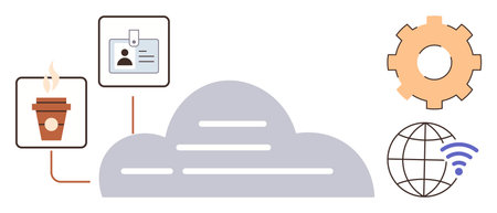 Cloud serves as a hub connecting ID badge, coffee cup, gear, and globe with wireless symbol. Ideal...