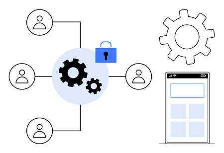 Interconnected team members, gears, lock, and mobile app showcase collaboration, security, and...