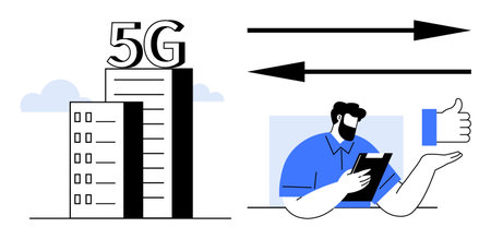 5G tower next to signal arrows and a man with a tablet showing a thumb-up gesture. Ideal for...