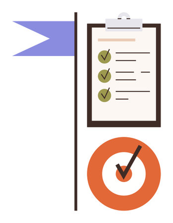 Clipboard with a marked checklist, blue flag on a pole, and a red target with a checkmark. Ideal for...