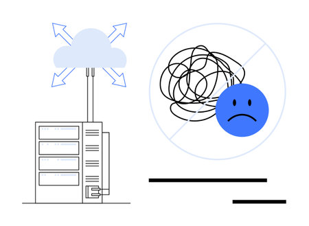 Cloud structure linked to servers with arrows symbolizing data flow, crossed-out scribble with sad...