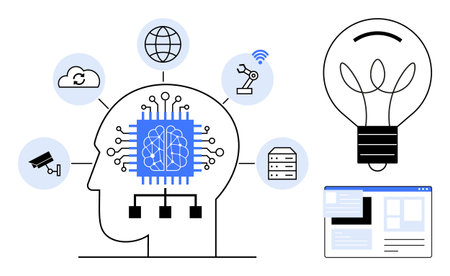 Human head silhouette with integrated circuits, AI brain, tech icons, and light bulb. Ideal for AI,...