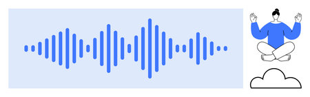 Blue soundwave pattern with meditating person in seated posture cloud below. Ideal for mindfulness,...