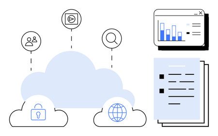 Abstract cloud connected to icons for people, play button, search, and security with a report and...