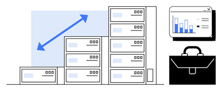 Stacked servers with upward arrow, data graph on monitor, and business briefcase. Ideal for growth,...