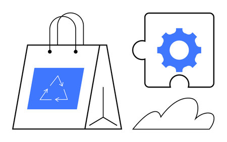 Shopping bag with recycling symbol, gear puzzle piece, and cloud icon. Ideal for sustainability,...