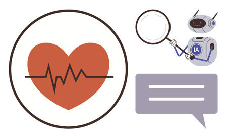 Heartbeat with pulse line, robotic AI analyzing with magnifying glass, speech bubble. Ideal for...