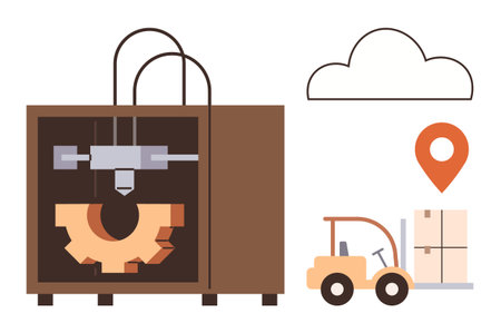 3D printer crafting a gear beside a forklift moving boxes. Includes location pin and cloud design....