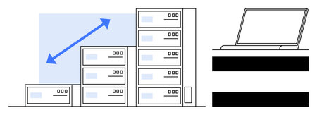 Server stacks of varying sizes with growth arrow expanding upward, linked to a nearby laptop. Ideal...