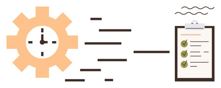 Gear with clock symbol beside a clipboard with checkmarks, implying productivity, scheduling, and...