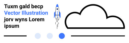 Rocket icon ascending with ignition next to a cloud shape, stylized text lines, and colored dots....