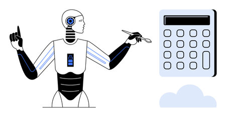 AI robot analyzing and interacting with a digital calculator using a stylus. Ideal for technology,...