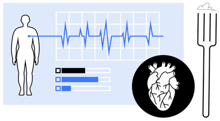Human silhouette with heartbeat graph, heart anatomy, health bar metrics, and fork for nutrition....