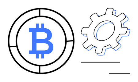 Bitcoin  inside circle beside a cogwheel symbolizing cryptocurrency mechanism, blockchain, and...