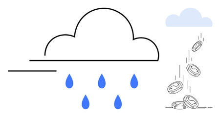 Rain cloud dropping blue water droplets and coins, symbolizing prosperity, innovation, and financial...