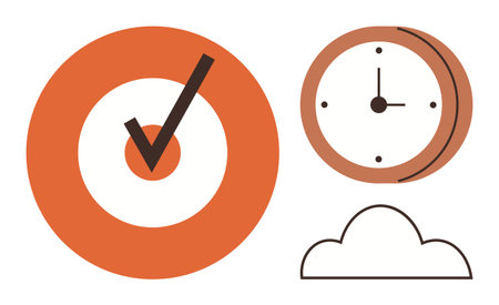 Orange target with checkmark, clock, and cloud emphasizing goal setting, success, focus, efficiency,...