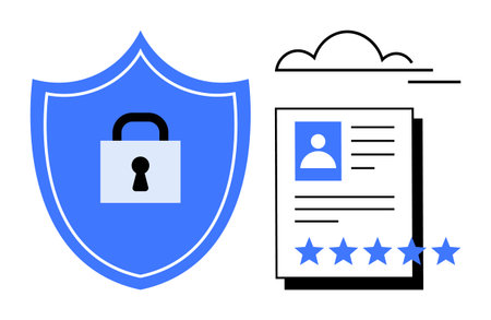 Shield with a padlock representing privacy and cybersecurity next to a cloud-connected document...